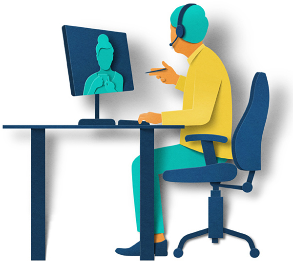 Illustration of a man chatting with a headset on looking at a monitor 