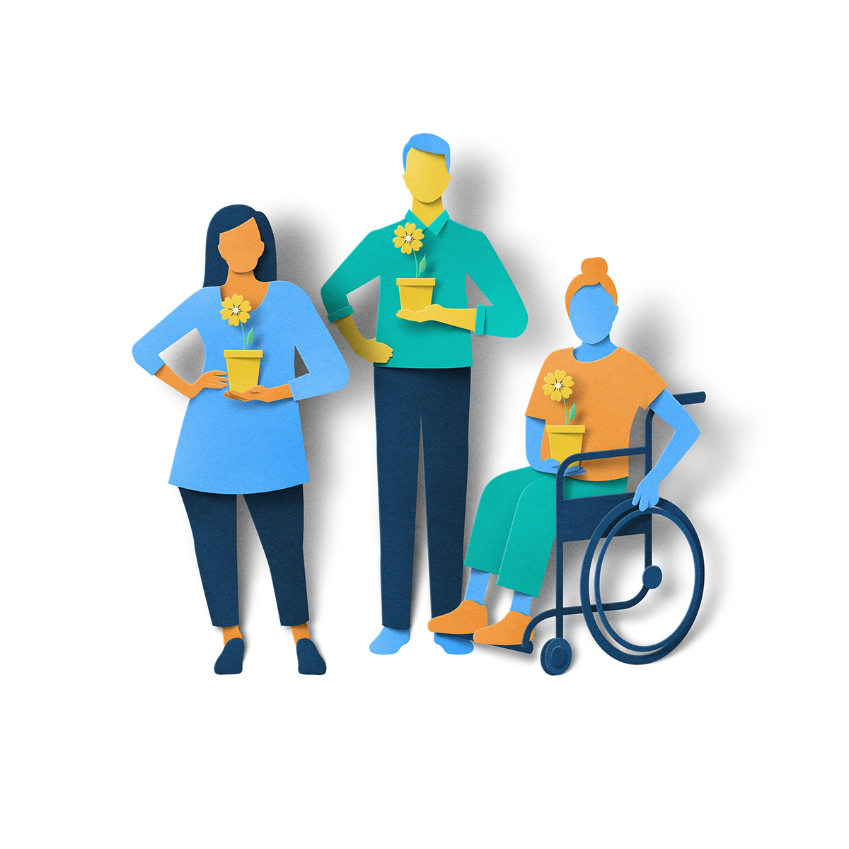 Illustration of three people holding flowers in plant pots