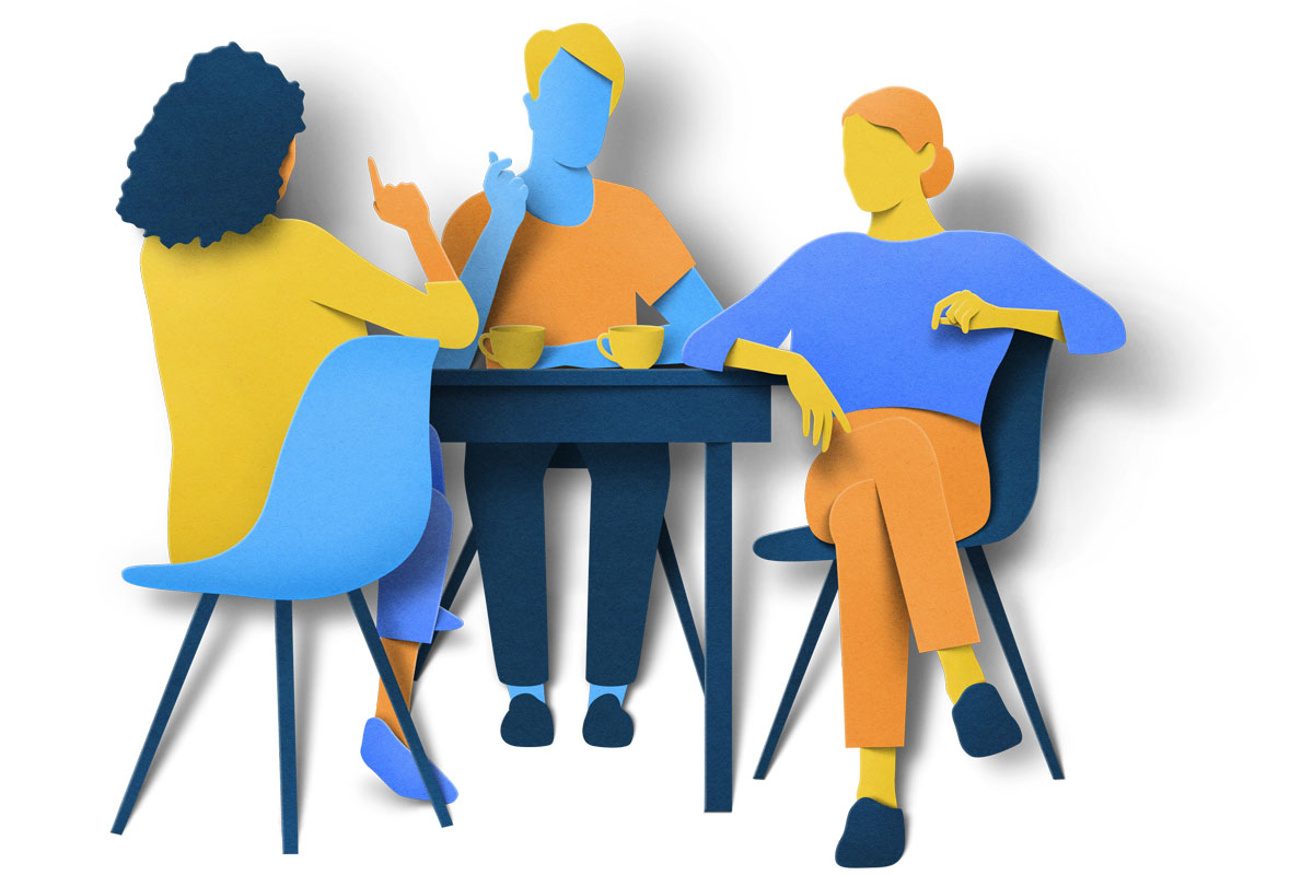 Illustration of a group chatting at a coffee table 
