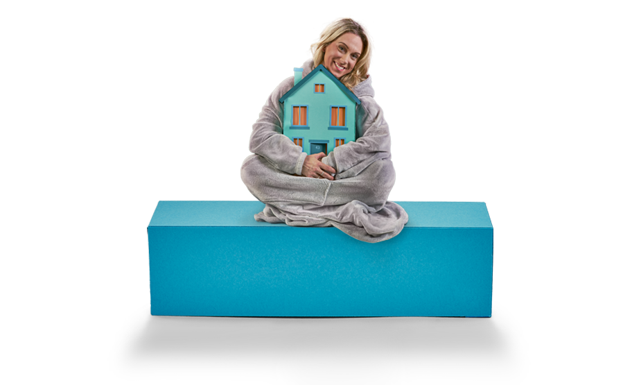 Image of a woman wearing a dressing gown hugging a house 